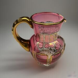 Moser Bohemian Cranberry Crystal Hexagonal Base Cut Panels Hand Painted Gold EUC